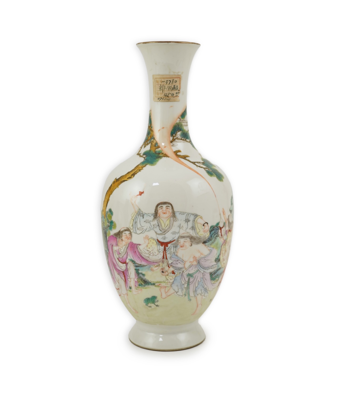 A Chinese famille rose ‘Liu Hai’ bottle vase, Qianlong six character seal mark but Republic period